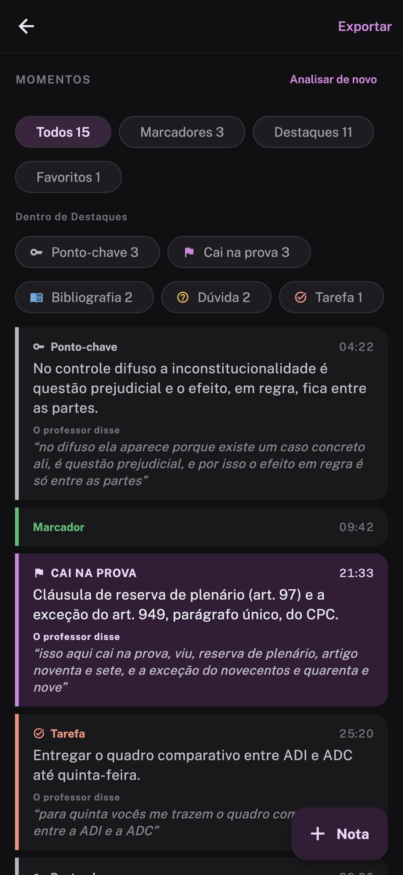 Momentos com marcadores e destaques