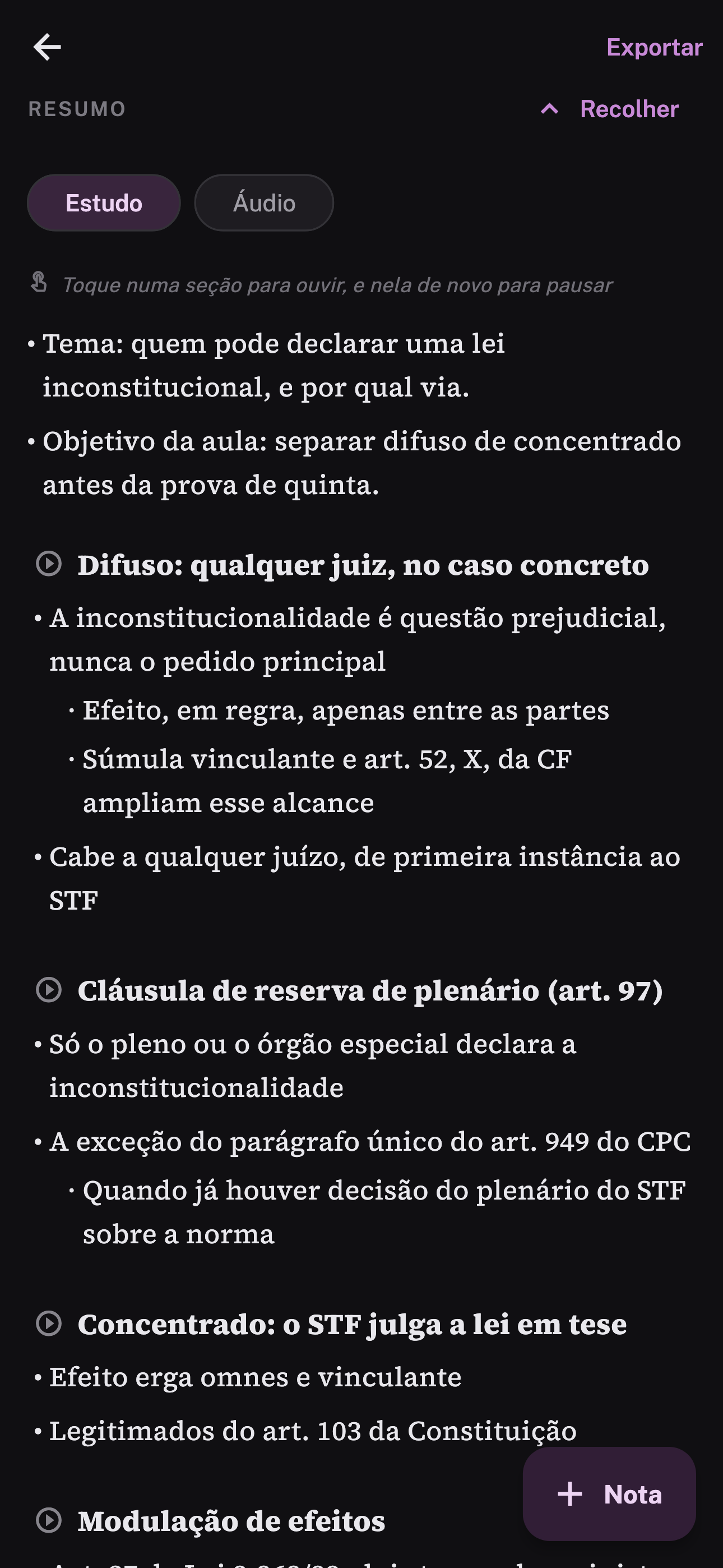 Seção Resumo da tela da aula, na visão Estudo: seções com carimbo de tempo e ícone para tocar o áudio naquele ponto.