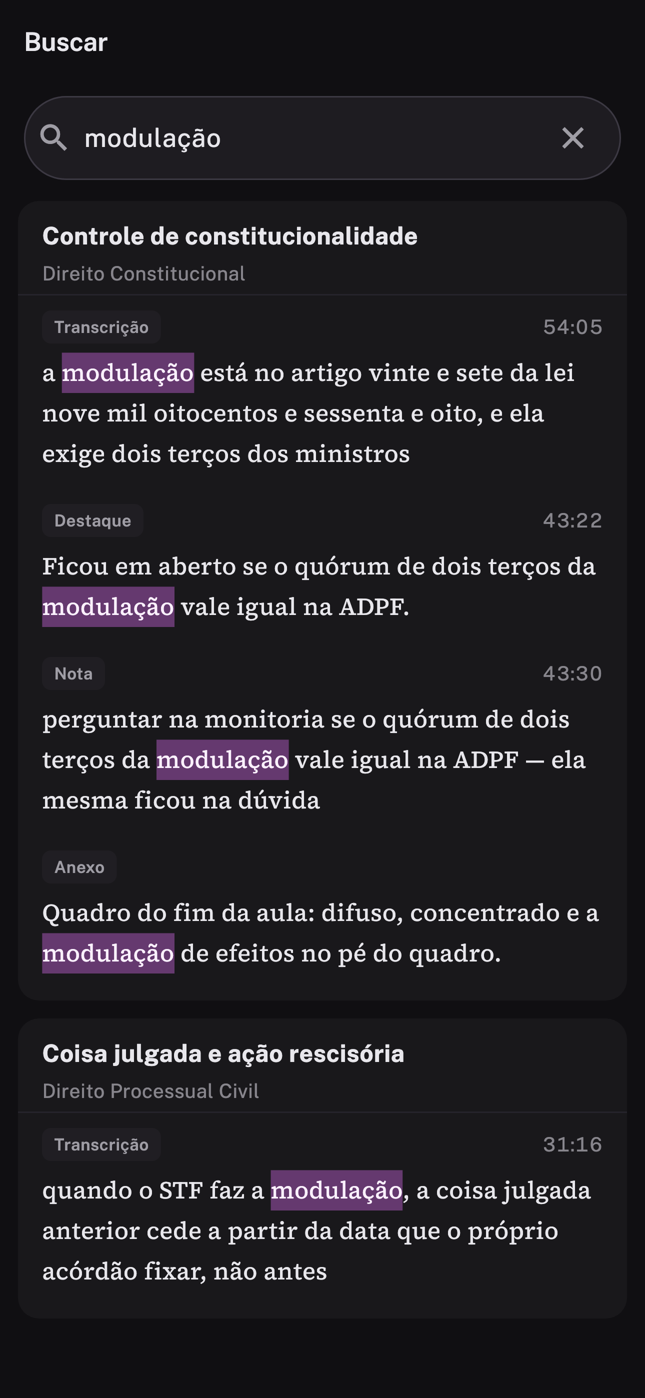 Busca por um termo no Grifo: o mesmo termo encontrado na transcrição, num destaque, numa nota e num anexo, cada resultado com o instante do áudio.