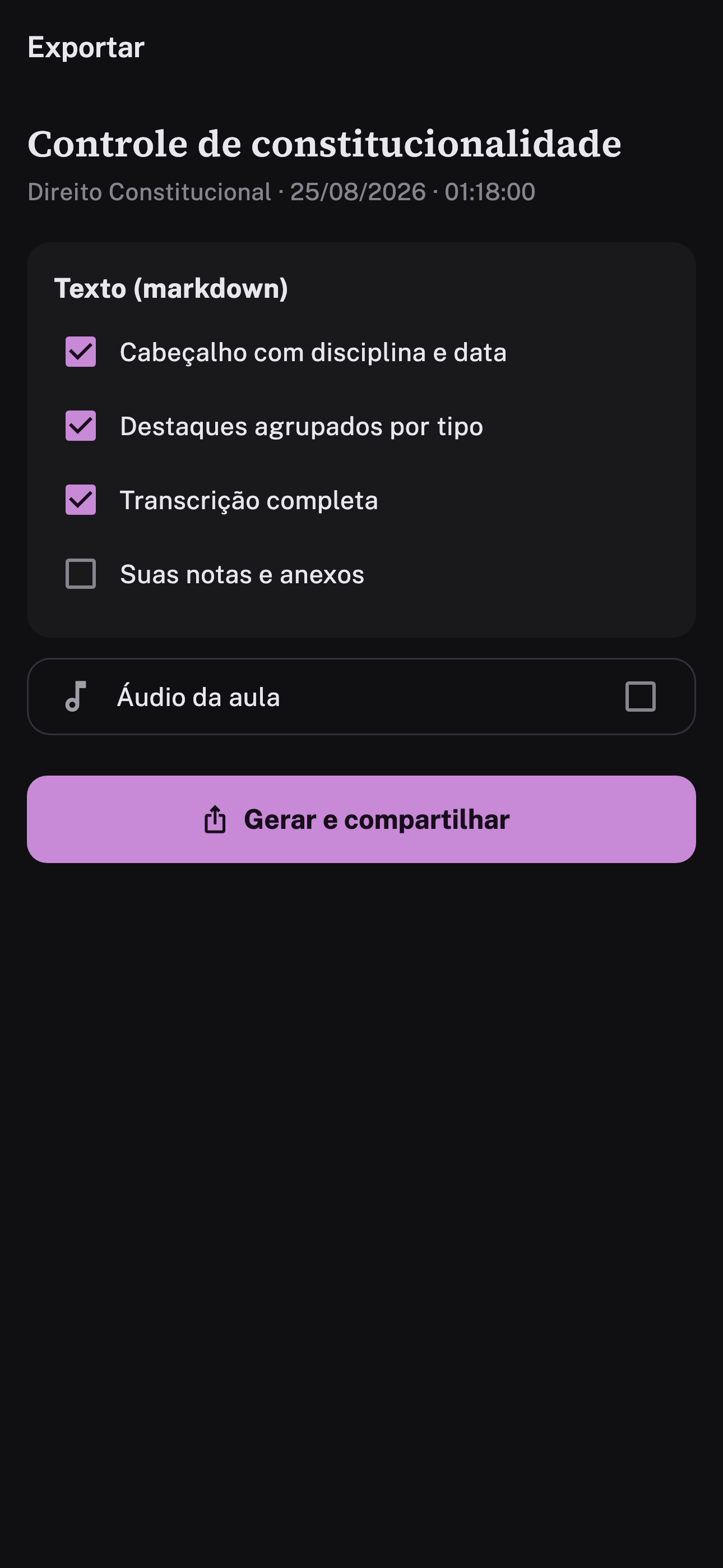 Tela de exportar uma aula, com as caixas do que entra no arquivo e a opção de levar o áudio.