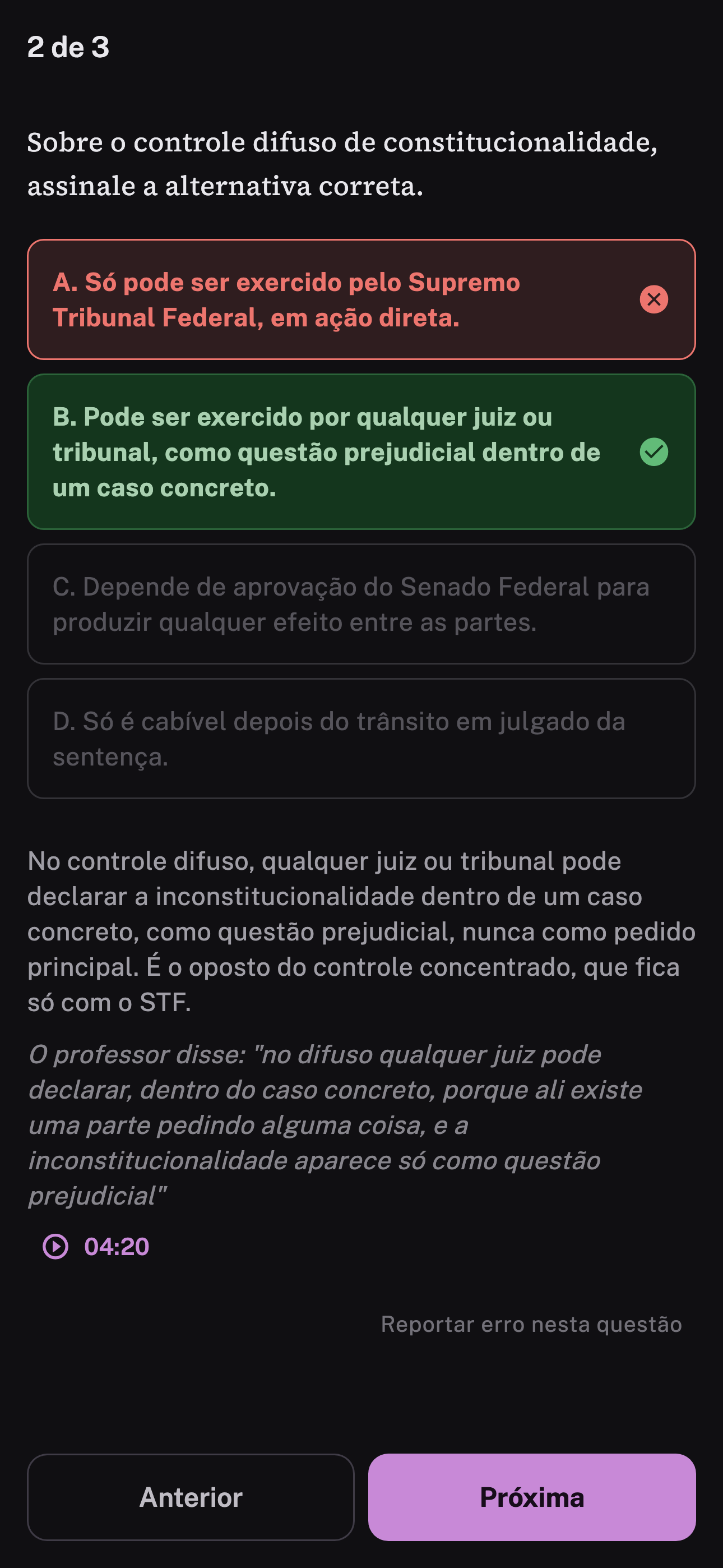 Correção imediata no simulado