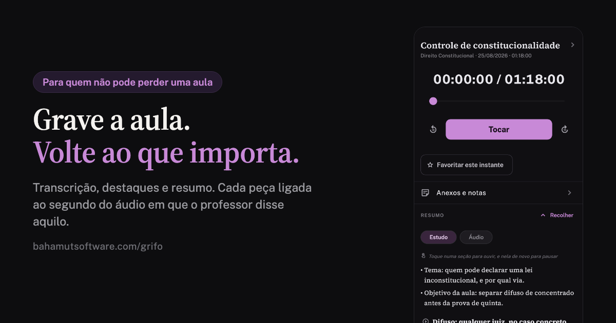 App Grifo: a aula gravada transformada em transcrição, destaques e resumo de estudo.