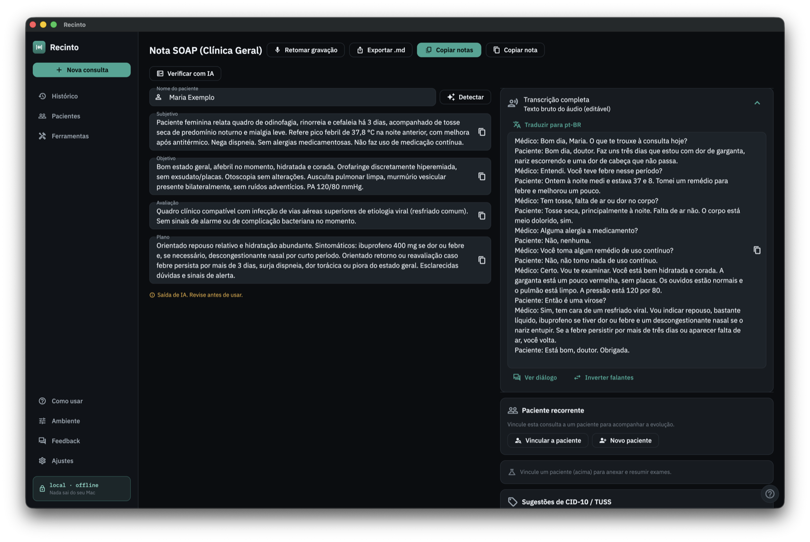 App Recinto: transcrição da consulta e nota clínica SOAP gerada localmente no Mac.
